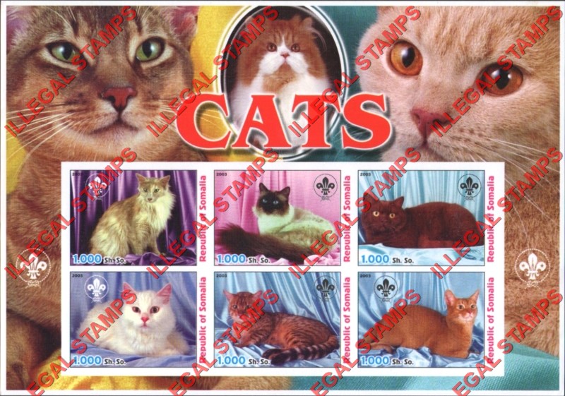 Somalia 2003 Cats Illegal Stamp Souvenir Sheet of 6 Somalia 2003 Cats Illegal Stamp Souvenir Sheet of 6