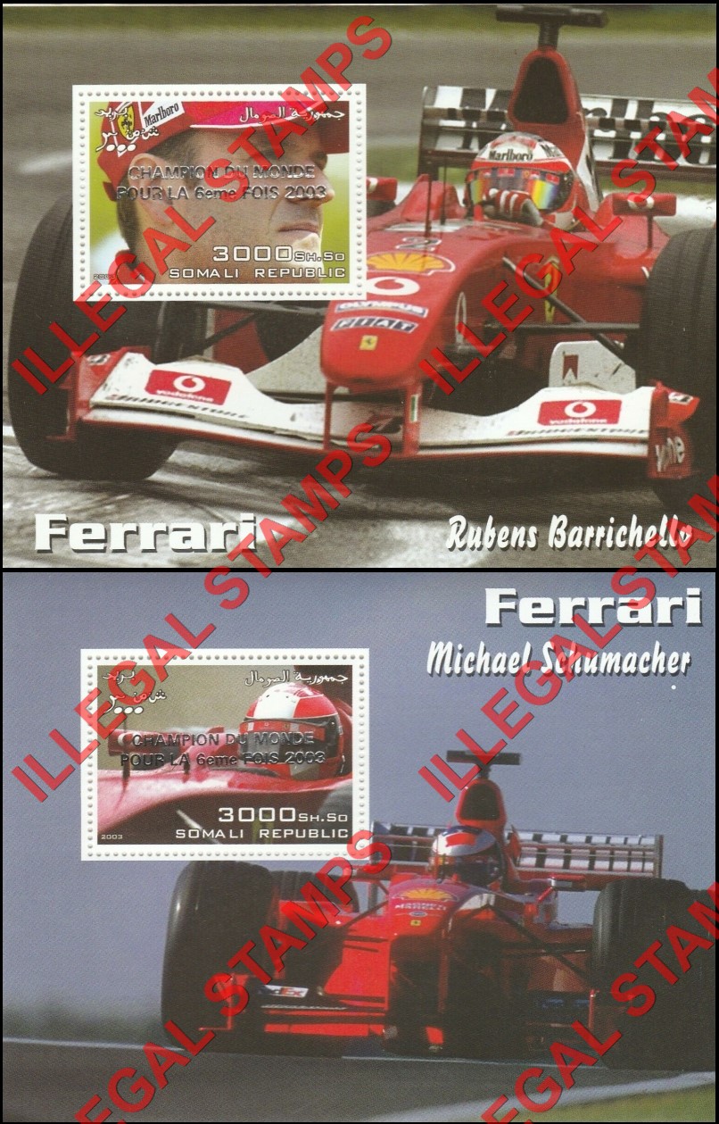 Somalia 2003 Ferrari Michael Schumacher Overprinted Illegal Stamps (Part 1) Somalia 2003 Ferrari Michael Schumacher Overprinted Illegal Stamps (Part 1)
