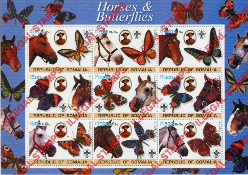Somalia 2003 Horses and Butterflies Illegal Stamp Souvenir Sheet of 9 Somalia 2003 Horses and Butterflies Illegal Stamp Souvenir Sheet of 9