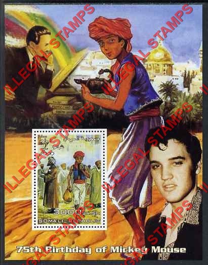 Somalia 2003 Mickey Mouse 75th Birthday with Aladdin and Elvis Illegal Stamp Souvenir Sheet of 1 Somalia 2003 Mickey Mouse 75th Birthday with Aladdin and Elvis Illegal Stamp Souvenir Sheet of 1