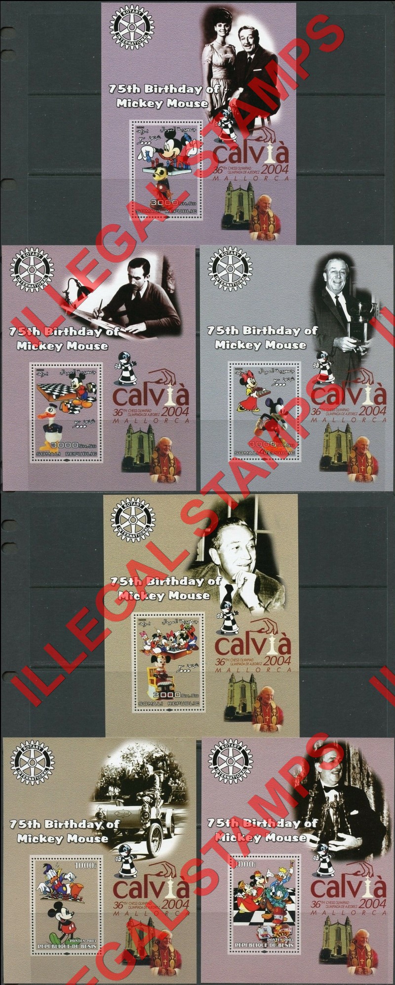 Somalia 2003 Mickey Mouse 75th Birthday Chess with Walt Disney Illegal Stamp Souvenir Sheets of 1 (Part 1) Somalia 2003 Mickey Mouse 75th Birthday Chess with Walt Disney Illegal Stamp Souvenir Sheets of 1 (Part 1)