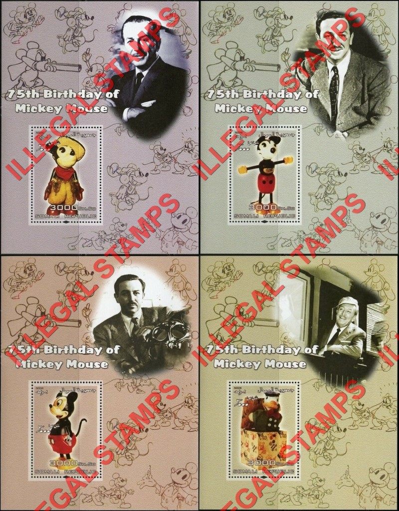 Somalia 2003 Mickey Mouse 75th Birthday Toys with Walt Disney Illegal Stamp Souvenir Sheets of 1 Somalia 2003 Mickey Mouse 75th Birthday Toys with Walt Disney Illegal Stamp Souvenir Sheets of 1