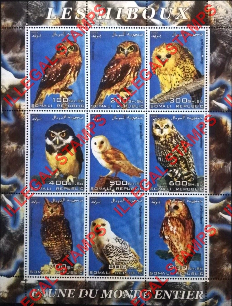 Somalia 2003 Owls Illegal Stamp Souvenir Sheet of 9 Somalia 2003 Owls Illegal Stamp Souvenir Sheet of 9