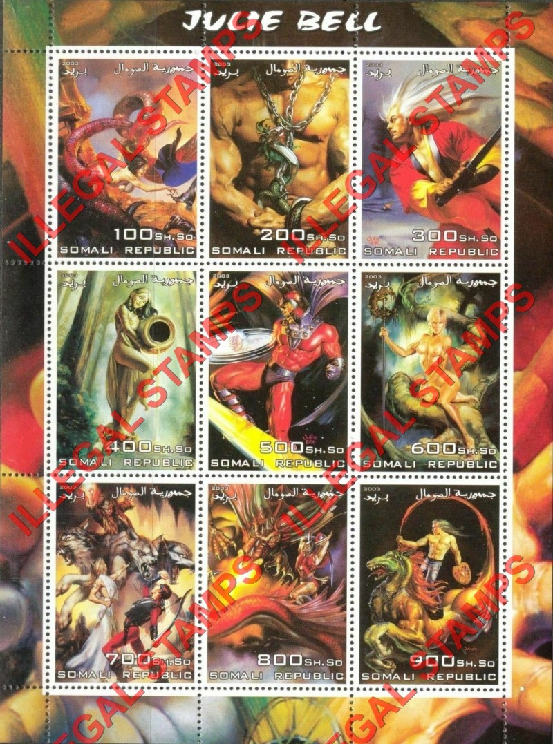 Somalia 2003 Paintings by Julie Bell Illegal Stamp Souvenir Sheet of 9 Somalia 2003 Paintings by Julie Bell Illegal Stamp Souvenir Sheet of 9