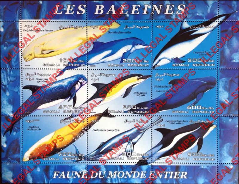 Somalia 2003 Whales Illegal Stamp Souvenir Sheet of 9 Somalia 2003 Whales Illegal Stamp Souvenir Sheet of 9