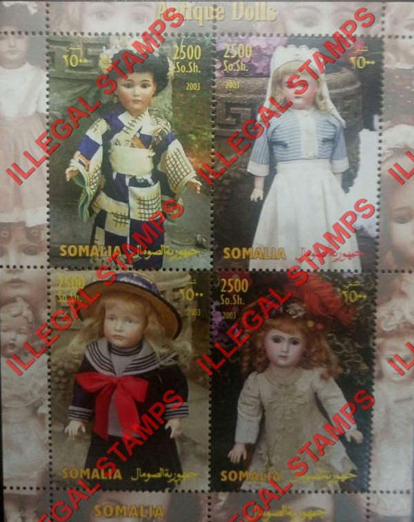Somalia 2003 Antique Dolls Illegal Stamp Souvenir Sheet of 4 Somalia 2003 Antique Dolls Illegal Stamp Souvenir Sheet of 4