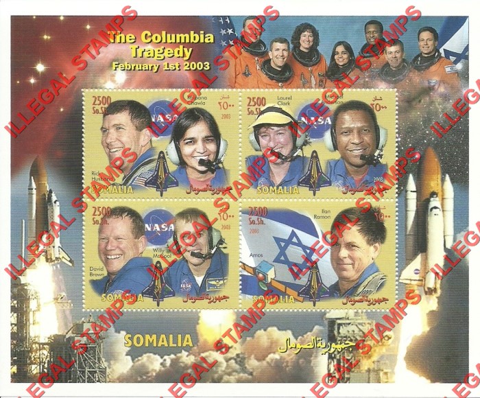 Somalia 2003 Columbia Space Shuttle Tragedy Illegal Stamp Souvenir Sheet of 4 Somalia 2003 Columbia Space Shuttle Tragedy Illegal Stamp Souvenir Sheet of 4