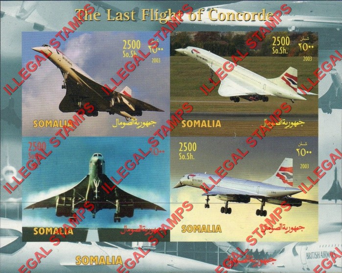 Somalia 2003 Concorde Illegal Stamp Souvenir Sheet of 4 Somalia 2003 Concorde Illegal Stamp Souvenir Sheet of 4