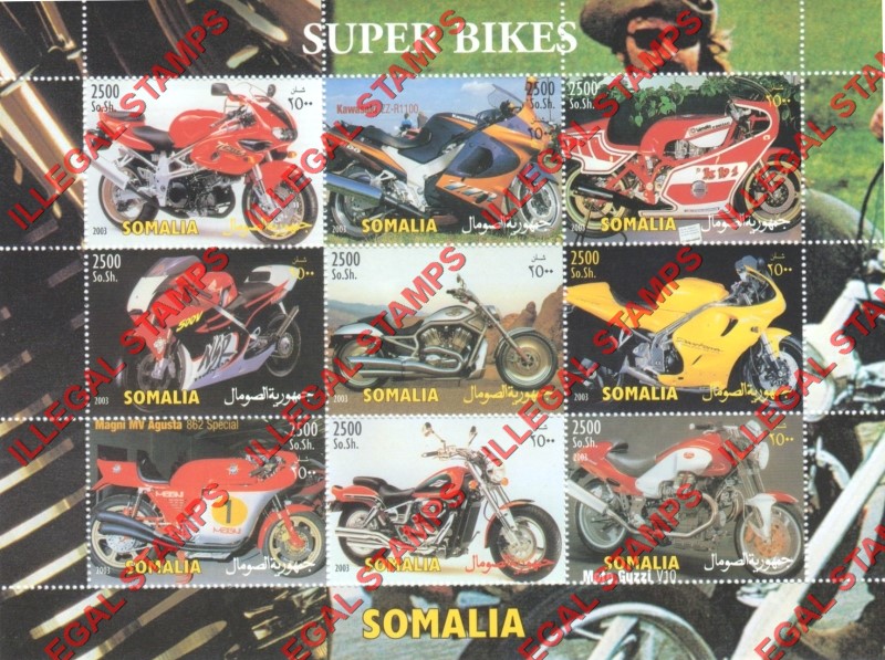 Somalia 2003 Motorcycles Super Bikes Illegal Stamp Souvenir Sheet of 9 Somalia 2003 Motorcycles Super Bikes Illegal Stamp Souvenir Sheet of 9