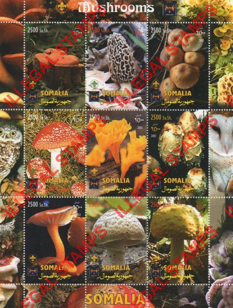 Somalia 2003 Mushrooms Illegal Stamp Souvenir Sheet of 9 Somalia 2003 Mushrooms Illegal Stamp Souvenir Sheet of 9