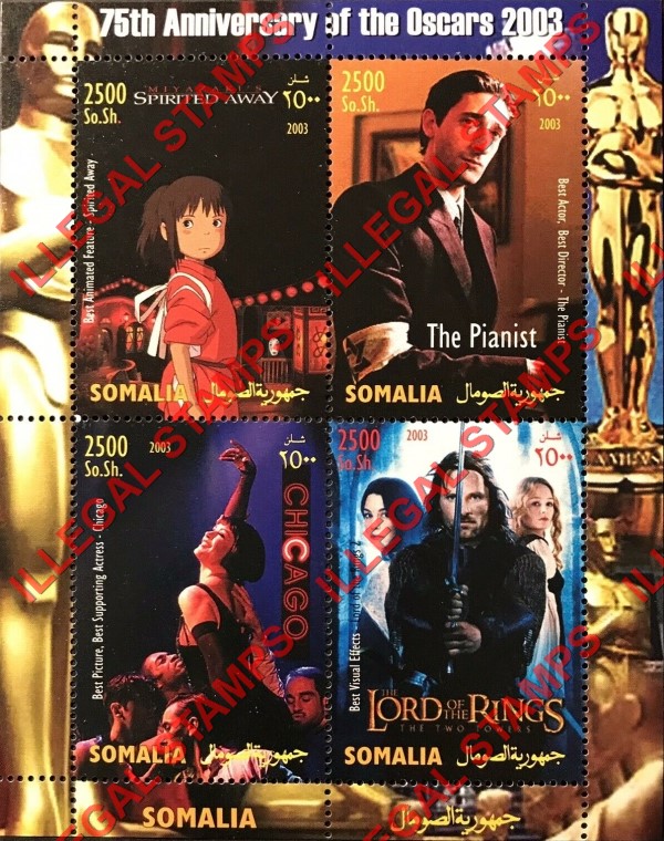 Somalia 2003 Oscar Winners Illegal Stamp Souvenir Sheet of 4 Somalia 2003 Oscar Winners Illegal Stamp Souvenir Sheet of 4