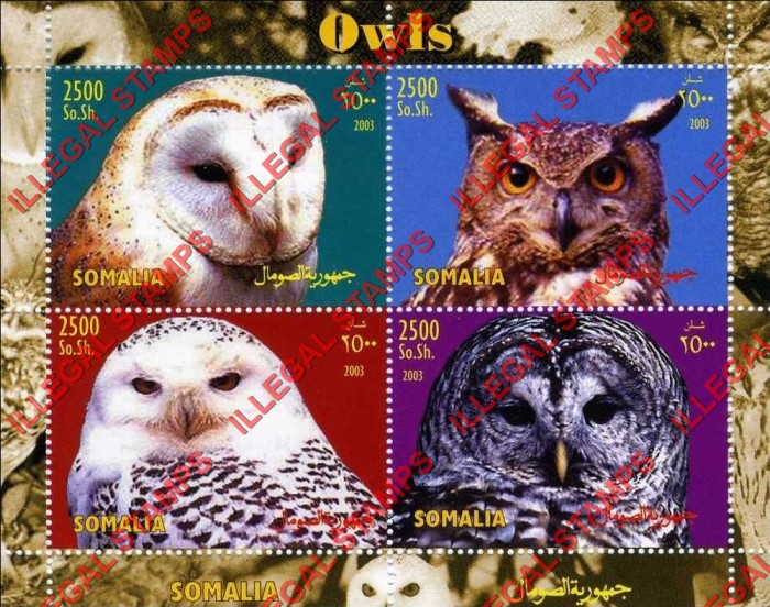 Somalia 2003 Owls Illegal Stamp Souvenir Sheet of 4 Somalia 2003 Owls Illegal Stamp Souvenir Sheet of 4