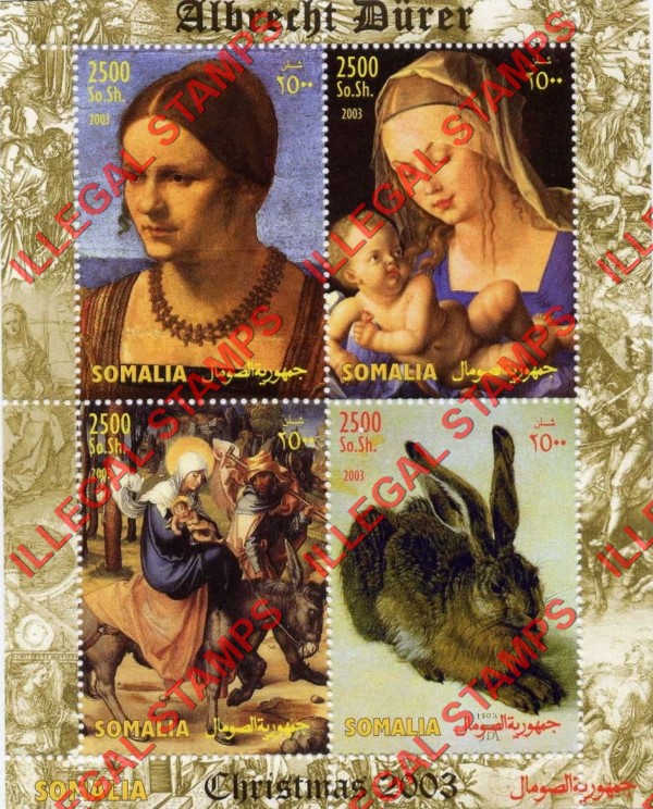 Somalia 2003 Paintings by Albrecht Durer Illegal Stamp Souvenir Sheet of 4 Somalia 2003 Paintings by Albrecht Durer Illegal Stamp Souvenir Sheet of 4