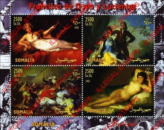 Somalia 2003 Paintings by Francisco de Goya Lucientes Illegal Stamp Souvenir Sheet of 4 Somalia 2003 Paintings by Francisco de Goya Lucientes Illegal Stamp Souvenir Sheet of 4