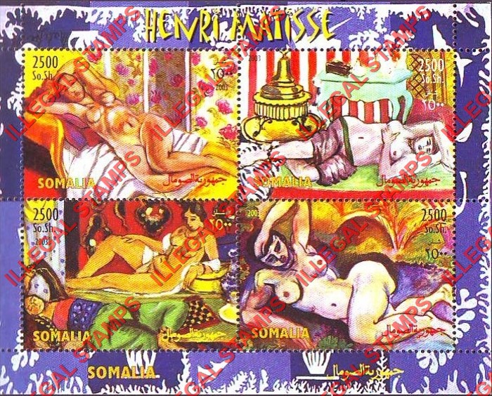 Somalia 2003 Paintings by Henri Matisse Illegal Stamp Souvenir Sheet of 4 Somalia 2003 Paintings by Henri Matisse Illegal Stamp Souvenir Sheet of 4