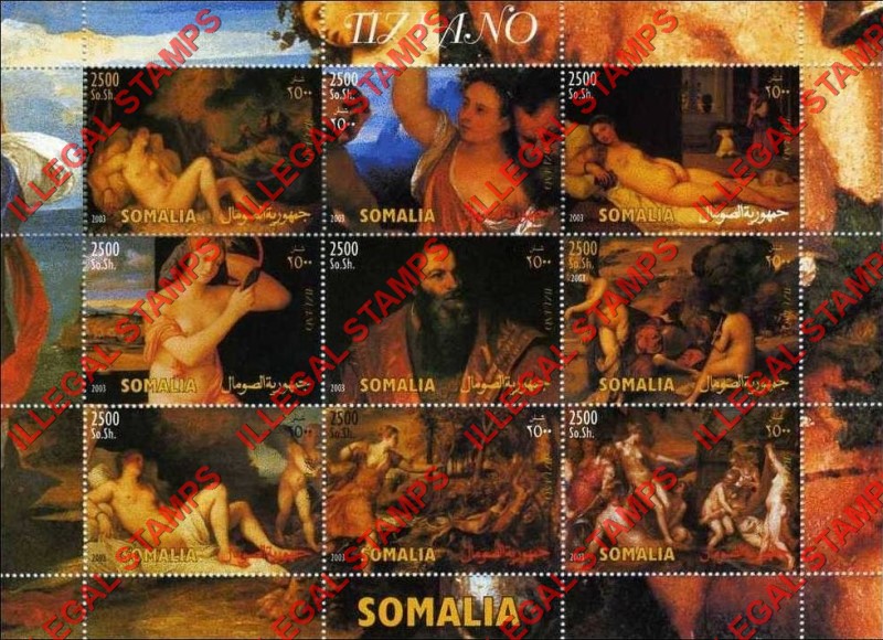 Somalia 2003 Paintings by Tiziano Illegal Stamp Souvenir Sheet of 9 Somalia 2003 Paintings by Tiziano Illegal Stamp Souvenir Sheet of 9