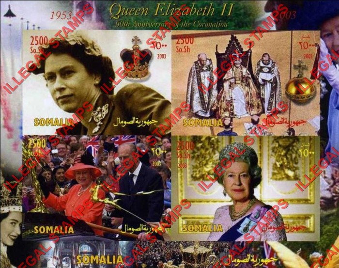 Somalia 2003 Queen Elizabeth II Illegal Stamp Souvenir Sheet of 4 Somalia 2003 Queen Elizabeth II Illegal Stamp Souvenir Sheet of 4