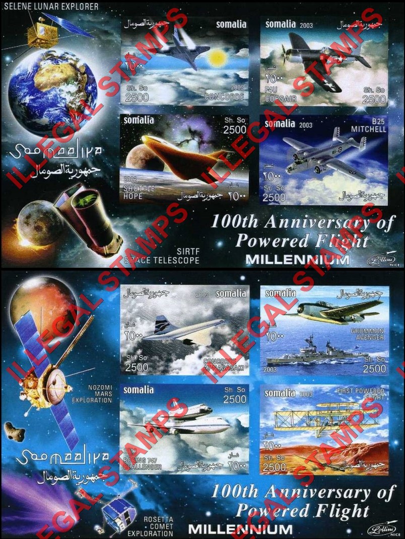Somalia 2003 Space Lollini Produced Powered Flight Anniversary Illegal Stamp Souvenir Sheets of 4 (Part 1) Somalia 2003 Space Lollini Produced Powered Flight Anniversary Illegal Stamp Souvenir Sheets of 4 (Part 1)