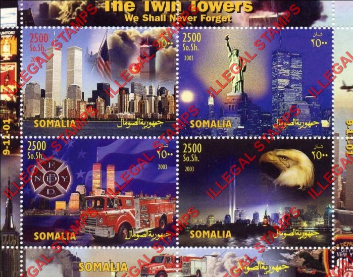Somalia 2003 The Twin Towers 9-11 Terrorist Attack Illegal Stamp Souvenir Sheet of 4 Somalia 2003 The Twin Towers 9-11 Terrorist Attack Illegal Stamp Souvenir Sheet of 4