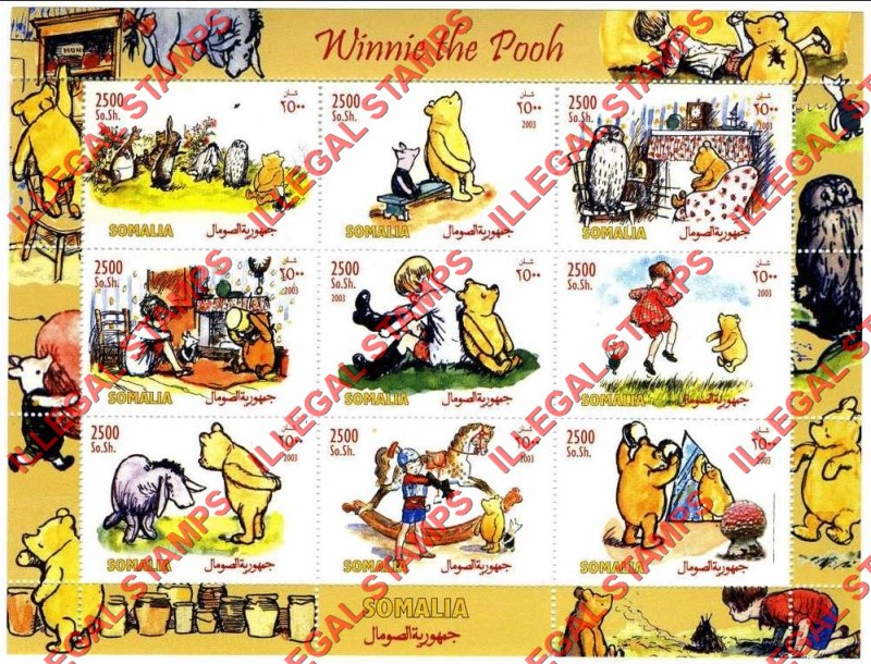 Somalia 2003 Winnie the Pooh Illegal Stamp Souvenir Sheet of 9 Somalia 2003 Winnie the Pooh Illegal Stamp Souvenir Sheet of 9