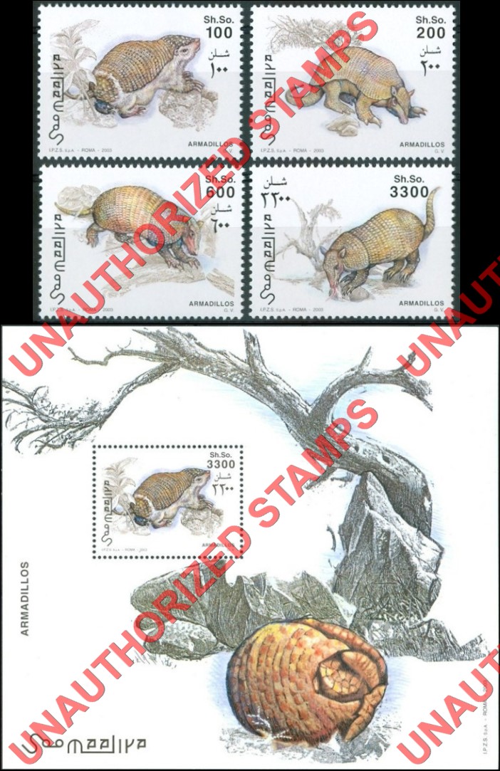Somalia 2002 Unauthorized IPZS 2003 Armadillos Stamps Yvert 903-906 BF 105 Somalia 2002 Unauthorized IPZS 2003 Armadillos Stamps Yvert 903-906 BF 105
