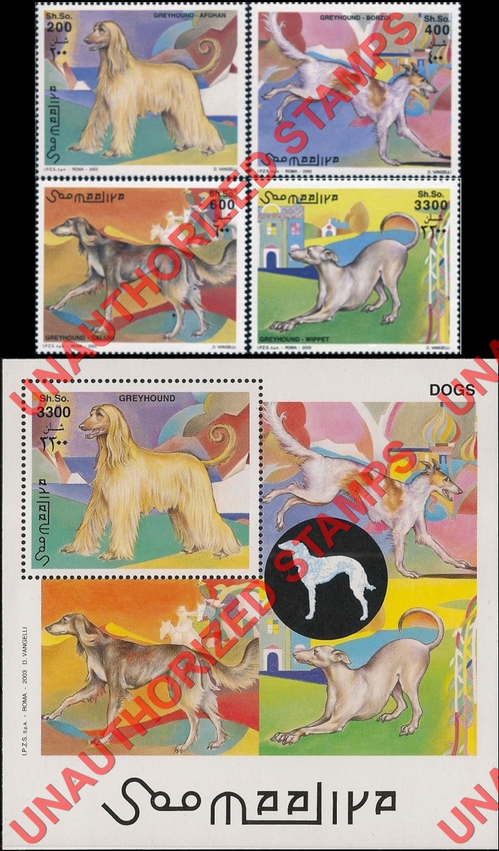 Somalia 2002 Unauthorized IPZS 2003 Dogs Greyhound Stamps Yvert 866-869 BF 97 Somalia 2002 Unauthorized IPZS 2003 Dogs Greyhound Stamps Yvert 866-869 BF 97