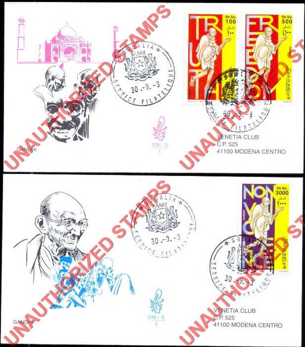 Somalia 2002 Unauthorized IPZS 2003 Gandhi Stamps Yvert 887-889 on First Day Covers Somalia 2002 Unauthorized IPZS 2003 Gandhi Stamps Yvert 887-889 on First Day Covers