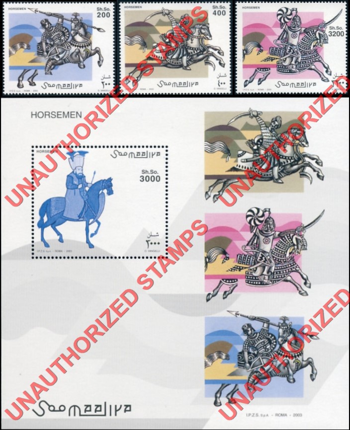 Somalia 2002 Unauthorized IPZS 2003 Horsemen Stamps Yvert 890-892 BF 102 Somalia 2002 Unauthorized IPZS 2003 Horsemen Stamps Yvert 890-892 BF 102
