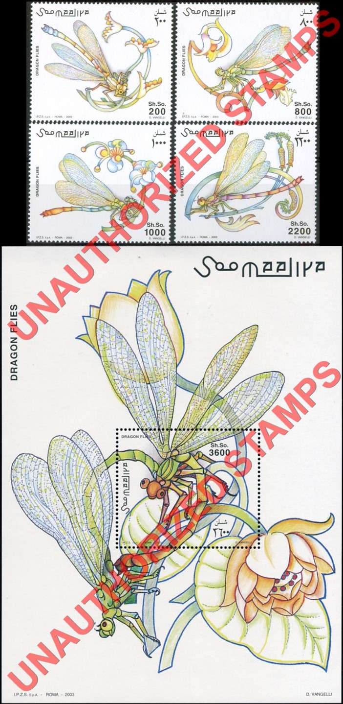 Somalia 2002 Unauthorized IPZS 2003 Insects Dragon Flies Stamps Yvert 896-899 BF 103 Somalia 2002 Unauthorized IPZS 2003 Insects Dragon Flies Stamps Yvert 896-899 BF 103
