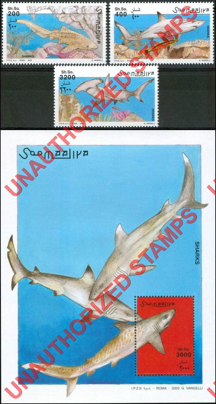 Somalia 2002 Unauthorized IPZS 2003 Sharks Stamps Yvert 880-882 BF 100 Somalia 2002 Unauthorized IPZS 2003 Sharks Stamps Yvert 880-882 BF 100