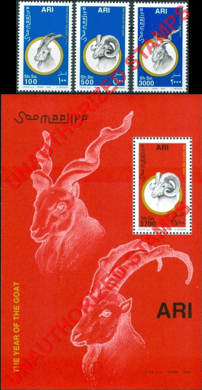 Somalia 2002 Unauthorized IPZS 2003 Year of the Goat Stamps Yvert 910-912 BF 107 Somalia 2002 Unauthorized IPZS 2003 Year of the Goat Stamps Yvert 910-912 BF 107