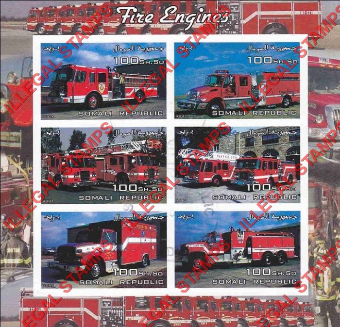 Somalia 2004 Fire Engines Illegal Stamp Souvenir Sheet of 6 Somalia 2004 Fire Engines Illegal Stamp Souvenir Sheet of 6