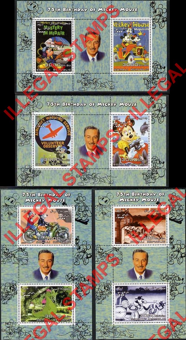 Somalia 2004 75th Birthday of Mickey Mouse with Walt Disney Illegal Stamp Souvenir Sheets of 2 Somalia 2004 75th Birthday of Mickey Mouse with Walt Disney Illegal Stamp Souvenir Sheets of 2
