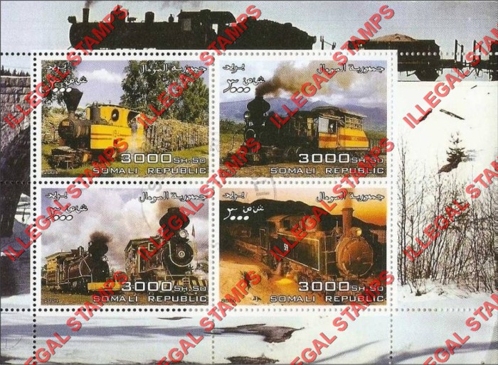 Somalia 2004 Steam Locomotives Illegal Stamp Souvenir Sheet of 4 Somalia 2004 Steam Locomotives Illegal Stamp Souvenir Sheet of 4