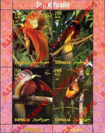 Somalia 2004 Birds of Paradise Illegal Stamp Souvenir Sheet of 4 Somalia 2004 Birds of Paradise Illegal Stamp Souvenir Sheet of 4