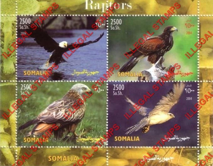Somalia 2004 Birds of Prey Raptors Illegal Stamp Souvenir Sheet of 4 Somalia 2004 Birds of Prey Raptors Illegal Stamp Souvenir Sheet of 4