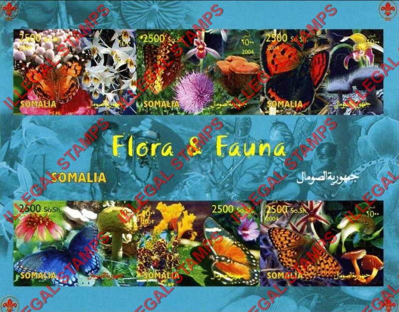 Somalia 2004 Butterflies Mushrooms Orchids Flora and Fauna Illegal Stamp Souvenir Sheet of 6 Somalia 2004 Butterflies Mushrooms Orchids Flora and Fauna Illegal Stamp Souvenir Sheet of 6