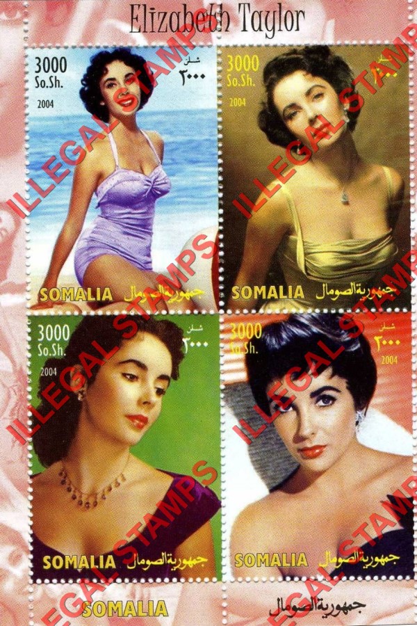 Somalia 2004 Elizabeth Taylor Illegal Stamp Souvenir Sheet of 4 Somalia 2004 Elizabeth Taylor Illegal Stamp Souvenir Sheet of 4