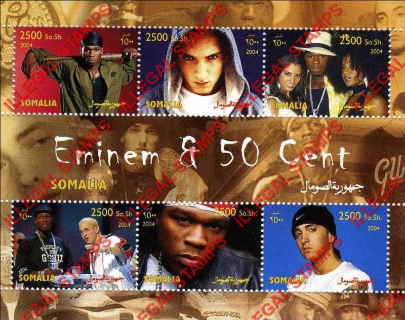 Somalia 2004 Eminem and 50 Cent Illegal Stamp Souvenir Sheet of 6 Somalia 2004 Eminem and 50 Cent Illegal Stamp Souvenir Sheet of 6