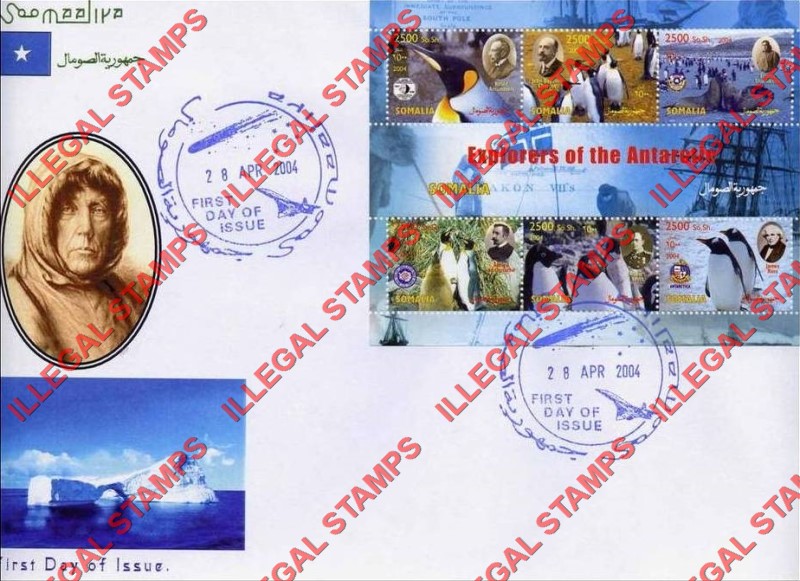 Somalia 2004 Explorers of the Antarctic Illegal Stamp Souvenir Sheet of 6 on Fake First Day Cover Somalia 2004 Explorers of the Antarctic Illegal Stamp Souvenir Sheet of 6 on Fake First Day Cover