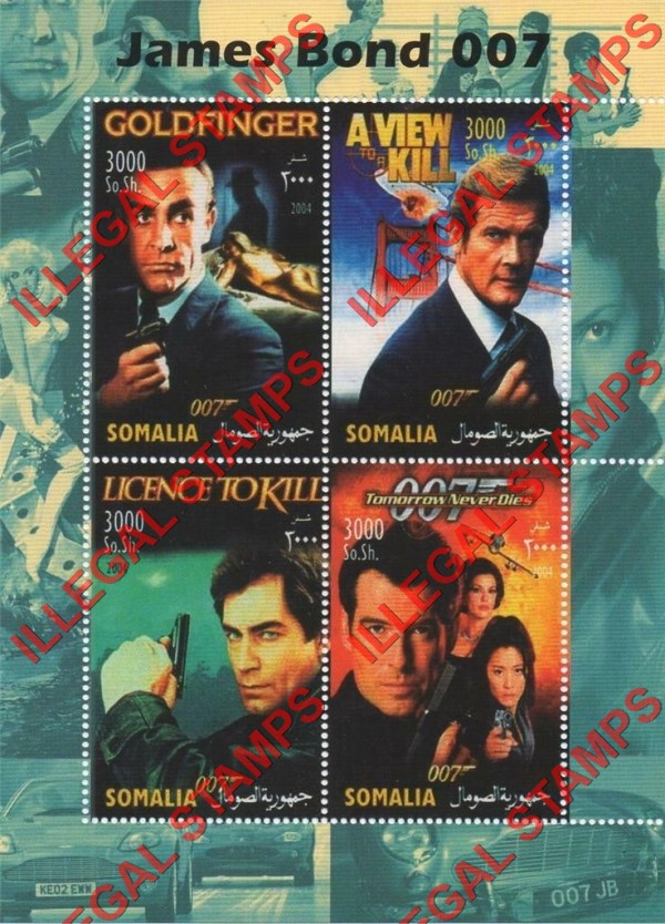 Somalia 2004 James Bond (Large Format) Illegal Stamp Souvenir Sheet of 4 Somalia 2004 James Bond (Large Format) Illegal Stamp Souvenir Sheet of 4