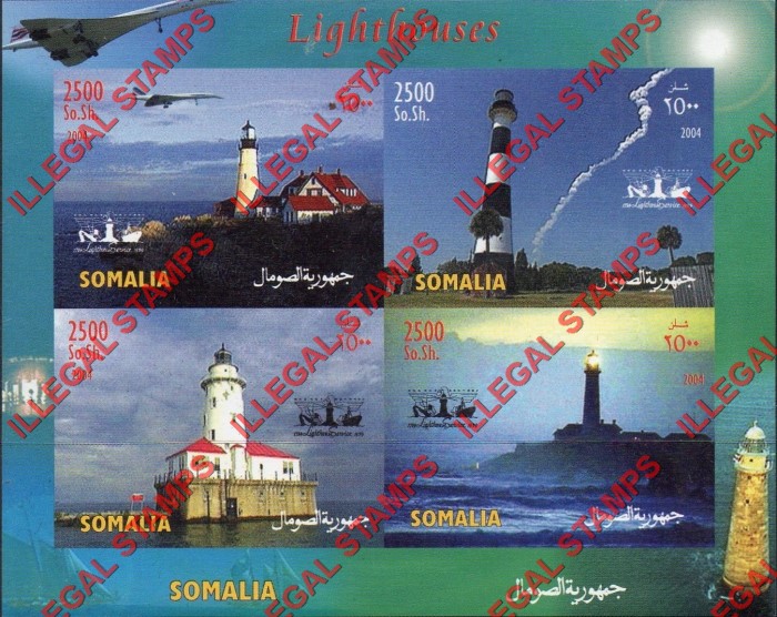 Somalia 2004 Lighthouses Illegal Stamp Souvenir Sheet of 4 Somalia 2004 Lighthouses Illegal Stamp Souvenir Sheet of 4