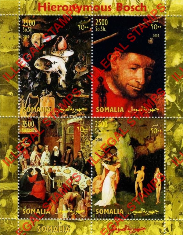 Somalia 2004 Paintings by Hieronymous Bosch Illegal Stamp Souvenir Sheet of 4 Somalia 2004 Paintings by Hieronymous Bosch Illegal Stamp Souvenir Sheet of 4
