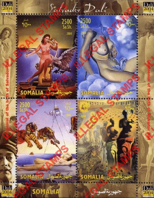 Somalia 2004 Paintings by Salvador Dali Illegal Stamp Souvenir Sheet of 4 Somalia 2004 Paintings by Salvador Dali Illegal Stamp Souvenir Sheet of 4
