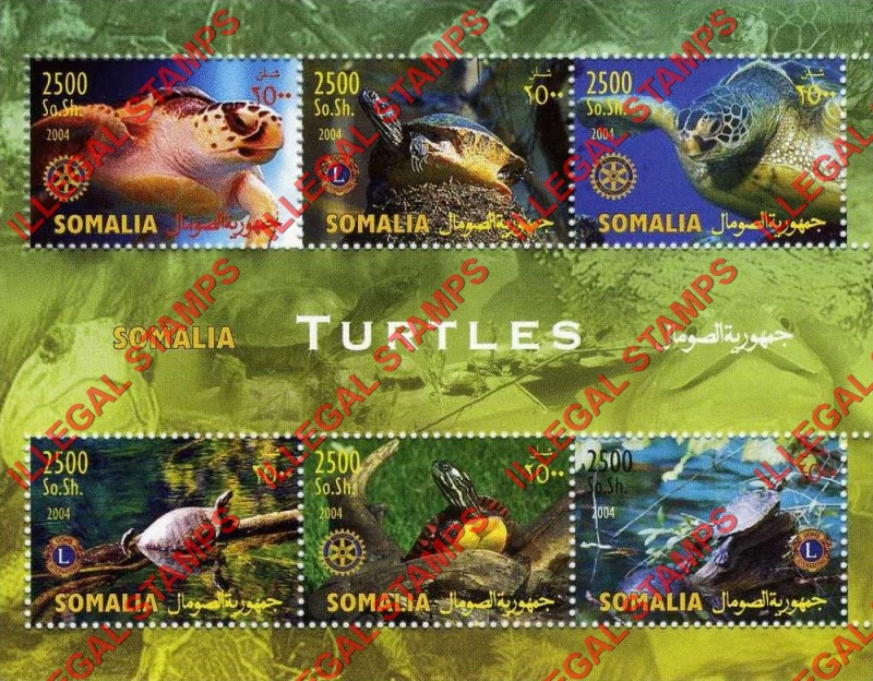 Somalia 2004 Turtles Illegal Stamp Souvenir Sheet of 6 Somalia 2004 Turtles Illegal Stamp Souvenir Sheet of 6