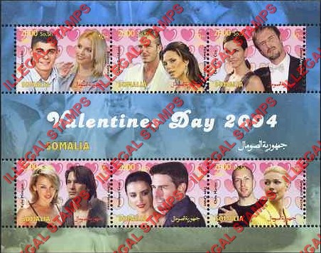 Somalia 2004 Valentines Day Illegal Stamp Souvenir Sheet of 6 Somalia 2004 Valentines Day Illegal Stamp Souvenir Sheet of 6