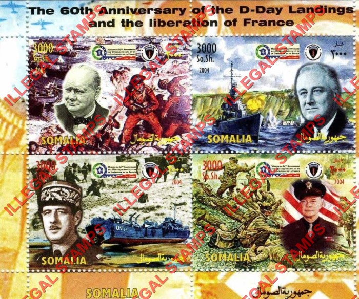 Somalia 2004 World War II D-day and Liberation of France Illegal Stamp Souvenir Sheet of 4 Somalia 2004 World War II D-day and Liberation of France Illegal Stamp Souvenir Sheet of 4