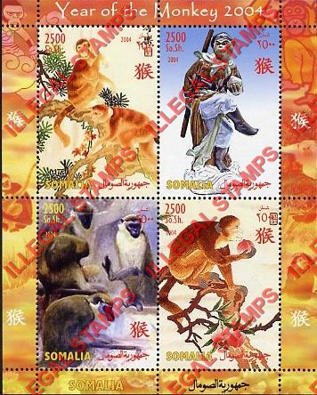 Somalia 2004 Year of the Monkey Illegal Stamp Souvenir Sheet of 4 Somalia 2004 Year of the Monkey Illegal Stamp Souvenir Sheet of 4
