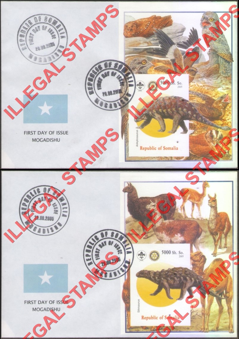 Somalia 2005 Dinosaurs Illegal Stamp Souvenir Sheets of 1 on Fake First Day Covers (Part 2)