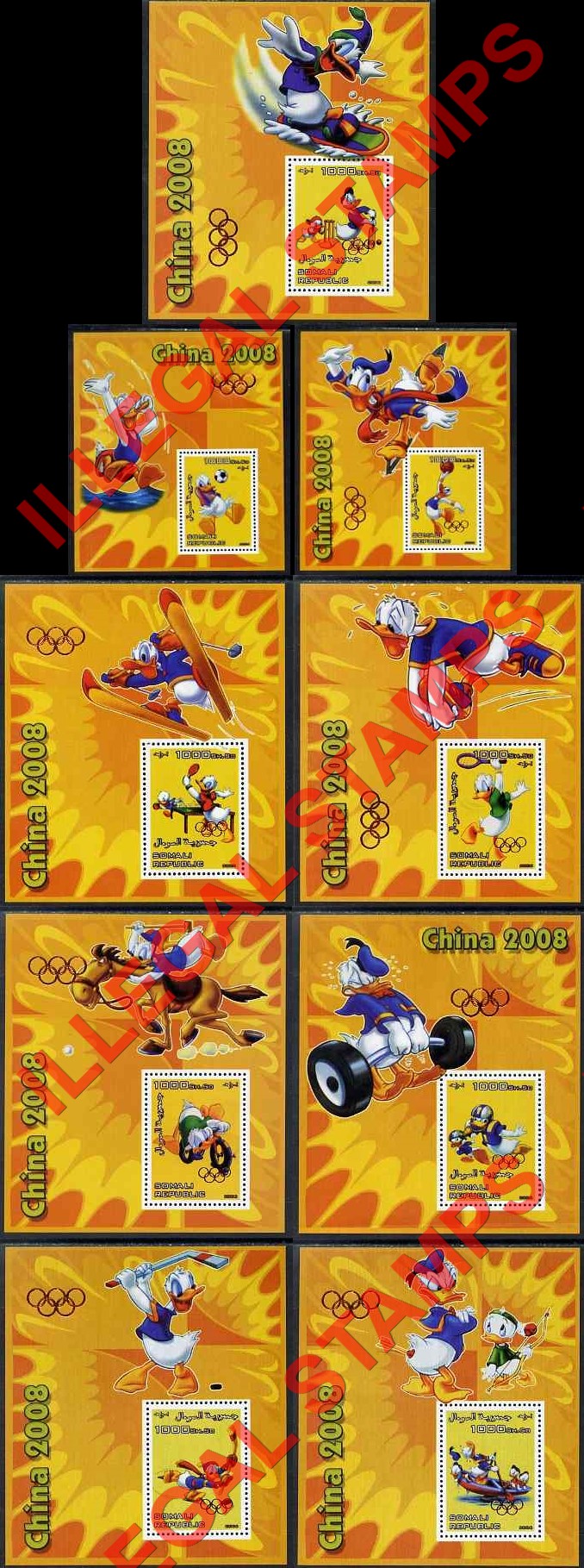 Somalia 2006 Donald Duck China 2008 Olympics Illegal Stamp Souvenir Sheets of 1 With Olympic Ring Overprints on the Souvenir Sheet Somalia 2006 Donald Duck China 2008 Olympics Illegal Stamp Souvenir Sheets of 1 With Olympic Ring Overprints on the Souvenir Sheet